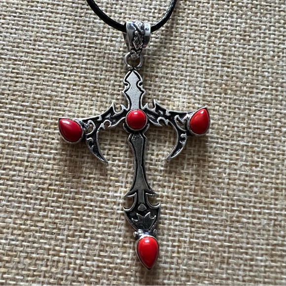 Hand Crafted Jewelry - New Gothic Style Silver Overlay and Coral Cross Pendant Necklace
